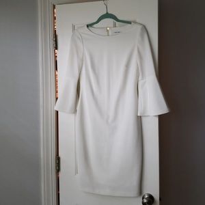 White Calvin Klein Piped Bell Sleeve Dress